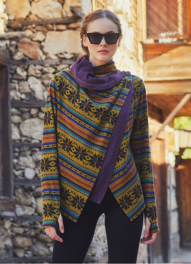 Boho Style Thumbhole Purple Rug Patterned Cardigan